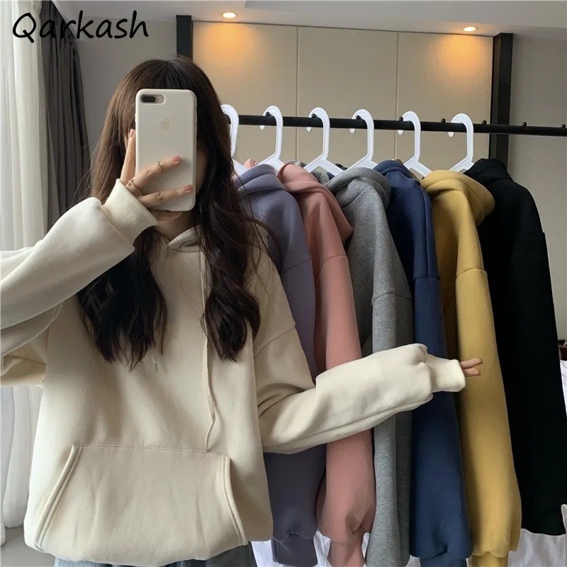 

Solid Hoodies Women Kangaroo Pockets College Minimalist Loose Teens Leisure All-match Korean Style Basic Thickening Cozy Fall