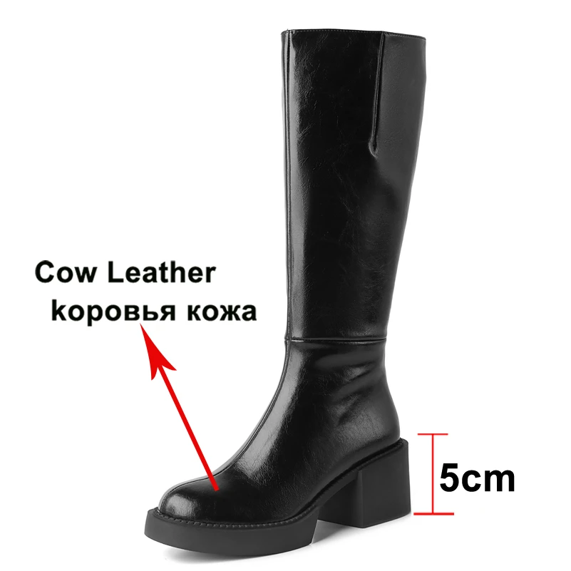 Meotina Genuine Leather Knee High Boots Women Shoes Platform Thick Heel Boots High Heel Round Toe Zipper Lady Boots Autumn 34-40