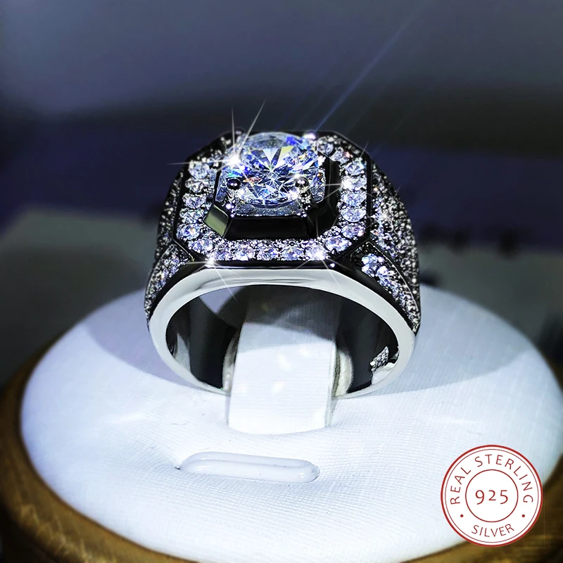 Luksusowa 925 Sterling Silver Men Couple AAA Crystal Zircon Stone Wedding Ring Brilliant Noble Engagement Engage Party Rings with 9