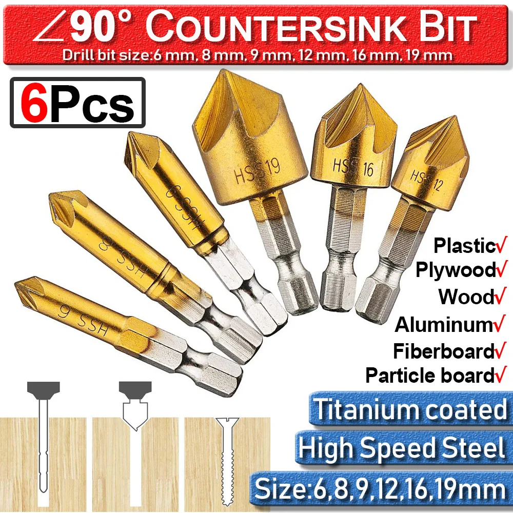 Cutter Countersink Bit Metal Countersink Drill Bit 6-19mm Wood Working 6Pc Chamfer Screw Hole 1/4