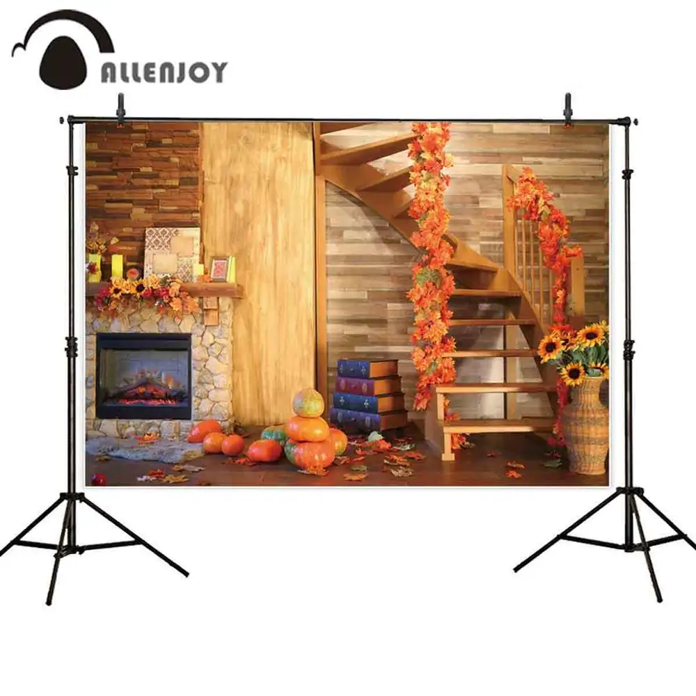 Allenjoy Thanksgiving photophone photo background fireplace staircase autumn leaves sunflowers pumpkins photography backdrops