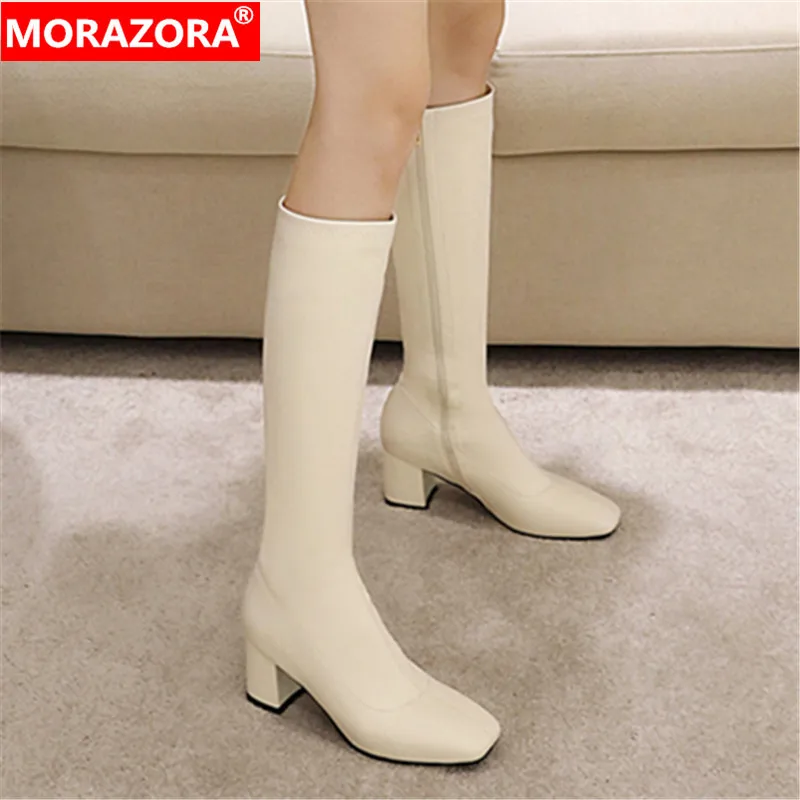 MORAZORA 2020 di Grande formato 33-48 inverno stivali alti al ginocchio moda tacchi alti punta quadrata scarpe da donna di colore solido donne