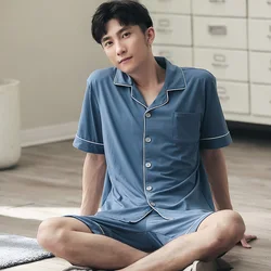 Summer Modal Pajamas Set for Men 2PCS Short Sleeves Sleepwear Men Soft Home Clothes Blue Nightwear PJs Pijamas Homme Plus Size