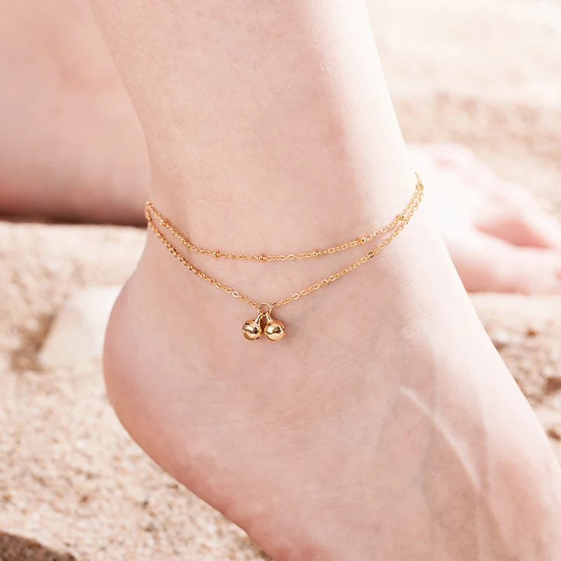 Trend Summer Stainless Steel Rose Gold Plated Anklet Simple Double Bell Bracelet Womens\'s Golden Anklet For Girls Jewelry Gifts