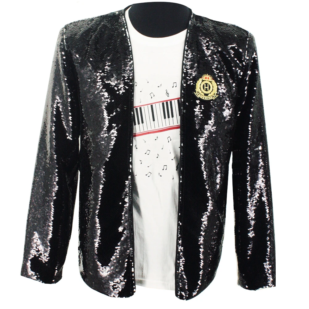 Classic MJ Retro Michael Jackson Billie Jean Black Sequins Jacket Tops Costume in 1990\'s