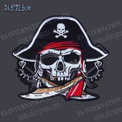 9.6 inches skull pirate duoble Broadsword large Embroidery Patches for Jacket Back Vest Motorcycle Biker 24.5*22.5cm For sewing
