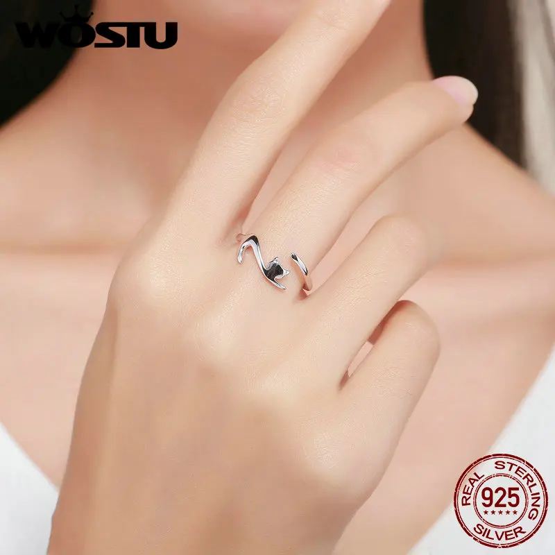 WOSTU 100% Real 925 Sterling Silver Cute Cat Finger Adjustable Rings for Women Band Rings Party Jewelry Gift DXR341