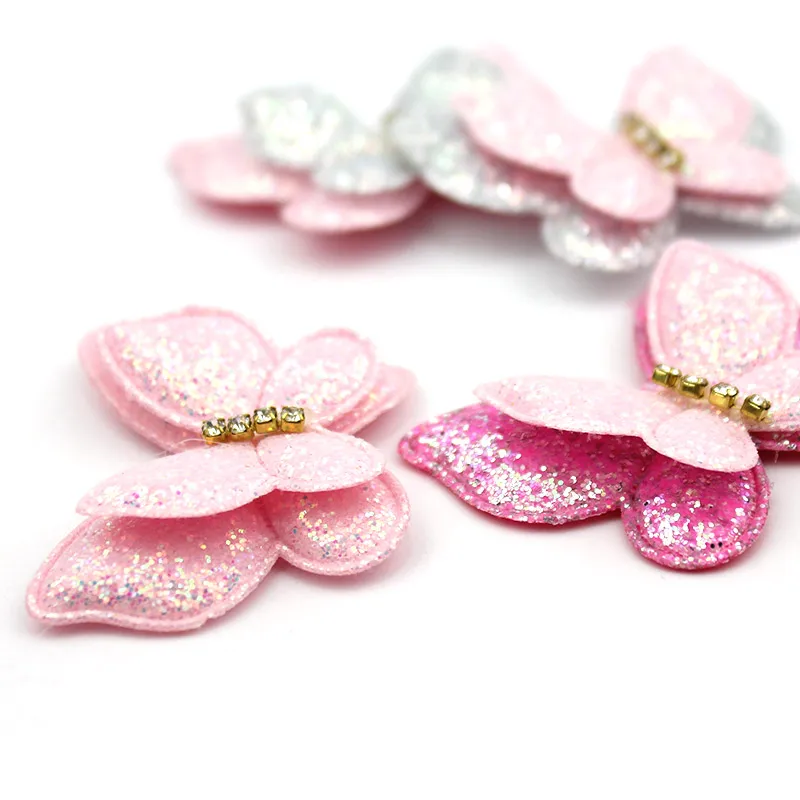 18Pcs 3.5*4.2cm Double Layers Handmade Glitters Butterfly Padded Appliques For Baby Headwear Hair Clips Decor Accessories