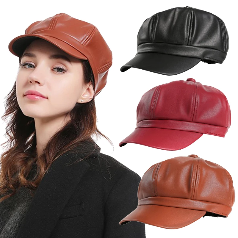 Women Leather Casual  Cap Black PU Leather Female Vintage Octagonal Cap Spring Winter Beret Ladies Flat Hat