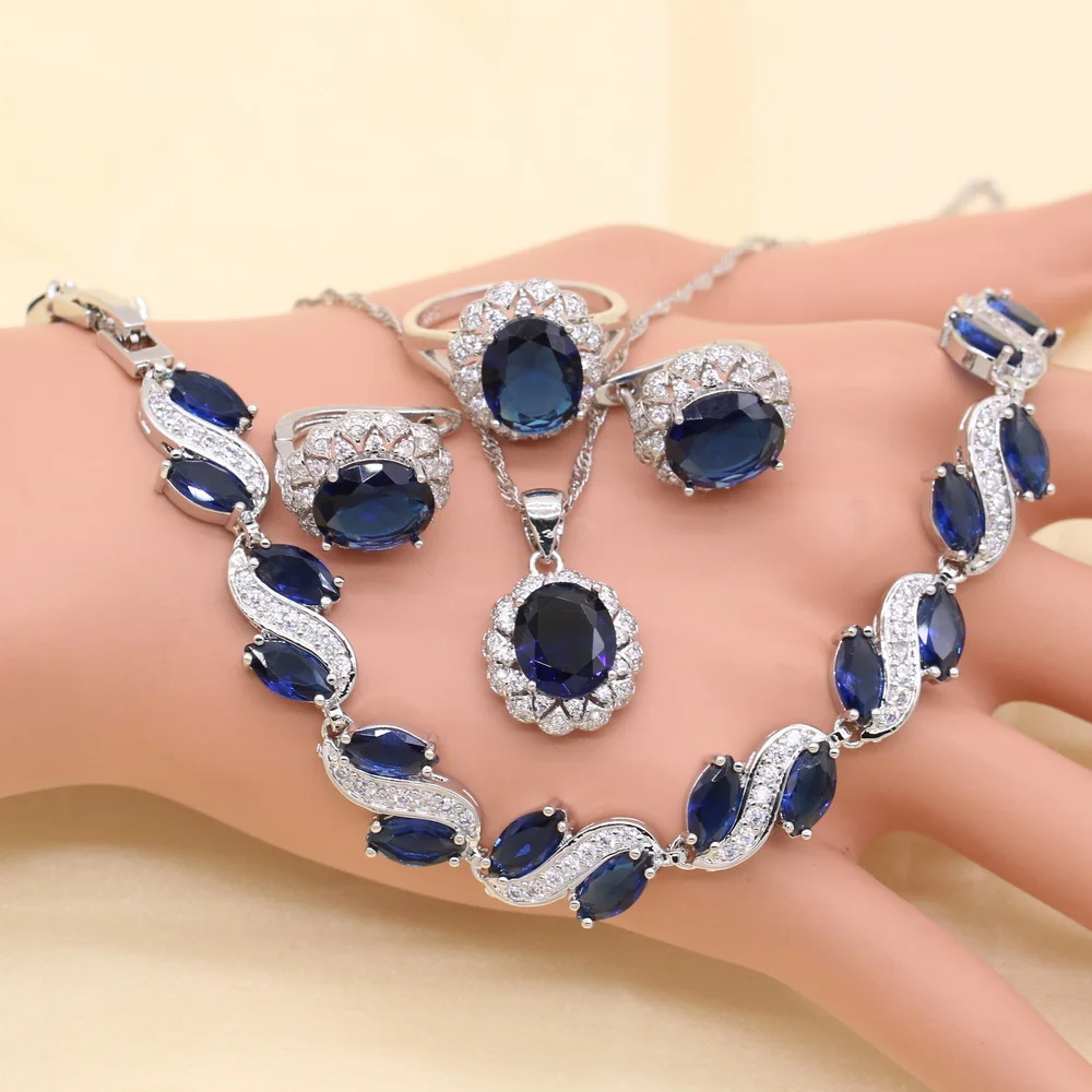 2022 925 Silver Wedding Jewelry Sets For Women Round Shape Blue Zircon Bracelet Earrings Necklace Pendant Ring Gift Box