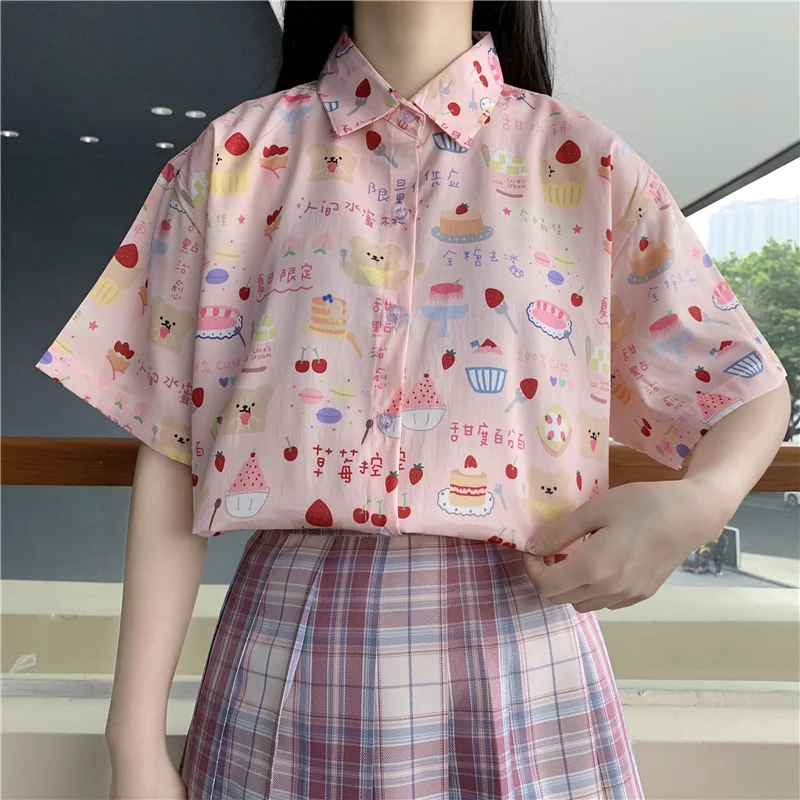 Summer Women Kawaii Strawberry Cake Print Short Sleeve Shirts Cute Tops Camisas Mujer JK Style School Girls Button Casual Blusas