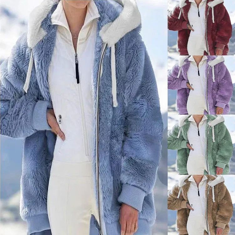 2022 Autumn Winter Women Warm Jacket Coat Fashion Plush solid color Zipper Pocket Hooded Outwear Top Plus Size S to 5Xl