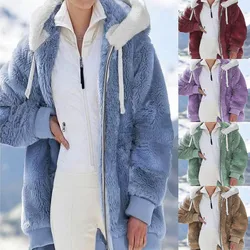 Veste à capuche en peluche monochrome pour femme, manteau chaud, vêtements d'extérieur à la mode, poche zippée, grande taille S à 5XL, automne et hiver 2022