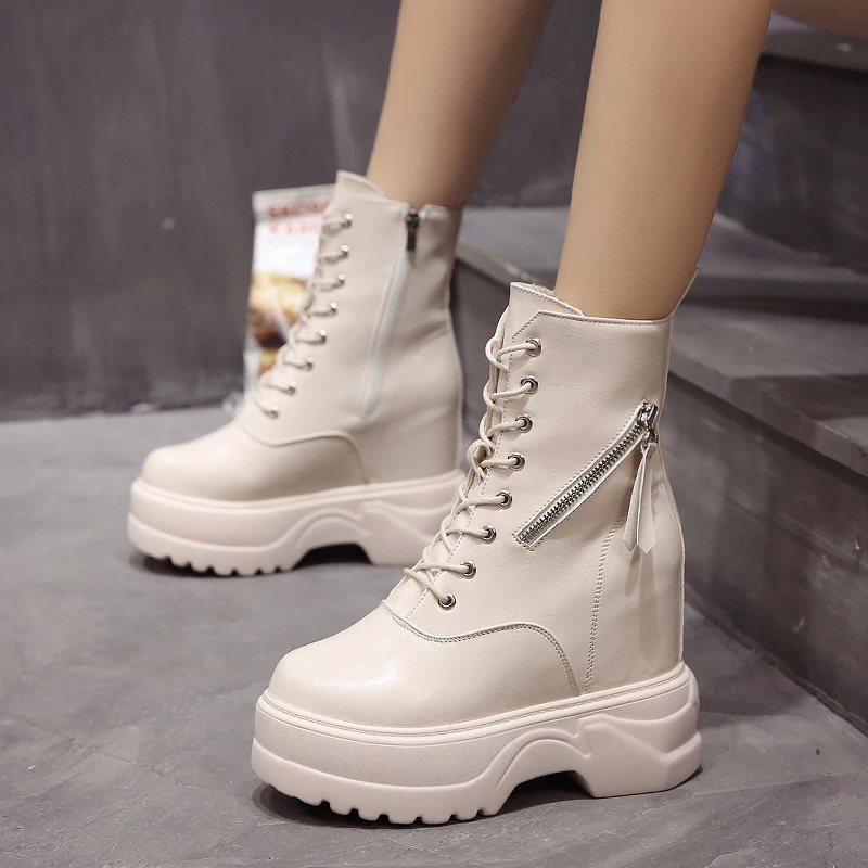 New 2022 Women Autumn Ankle Boots Increase Platform Zipper Sneakers Woman Leather Boots 11CM High Heels Winter Motorcycle Boots