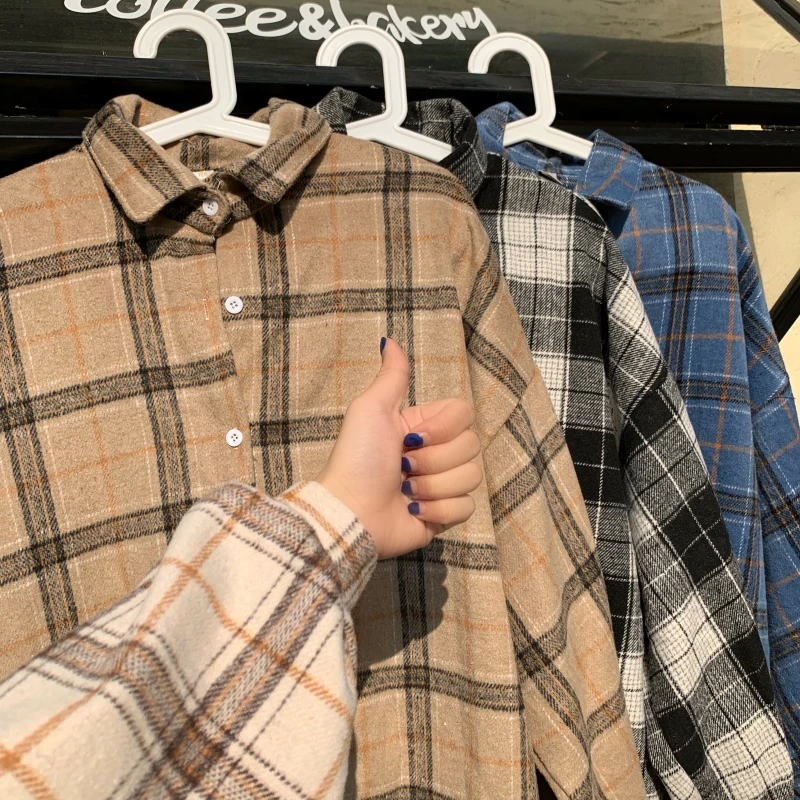 Bluzki koszule damskie Plaid cały mecz Harajuku dorywczo luźny duży rozmiar 3XL Streetwear Preppy Batwing-sleeve damskie znosić 4 kolor