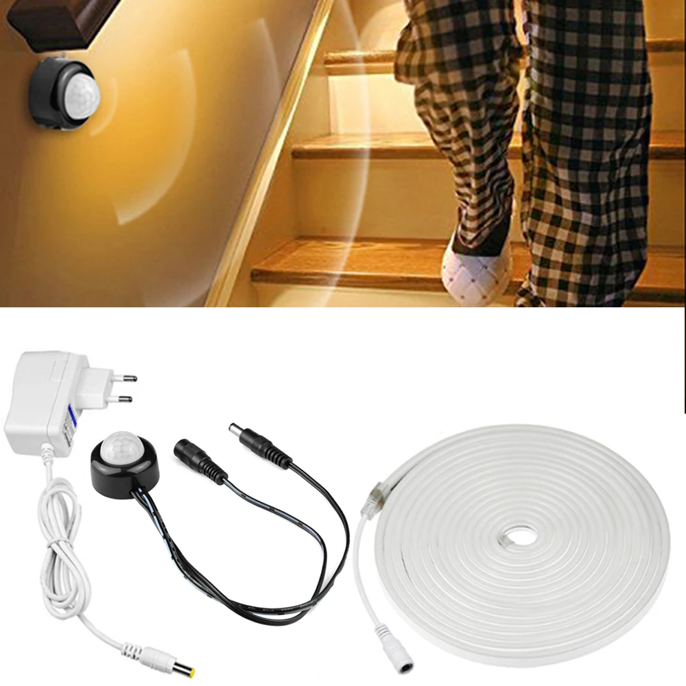 

12V LED Strip work with motion Sensor control 1/2/3/4/5M Neon lamp Tape Auto on/off for Closet wardrobe kitchen Lighting