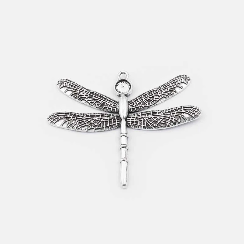 3PCS Tibetan Silver Large Dragonfly Insect Charms with 8mm Round Blank Tray Cabochon Settings Pendant for Jewelry Findings