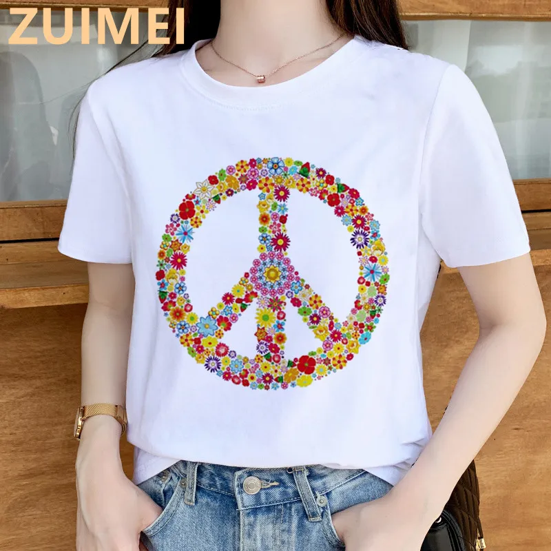 

Peace Love Fashion Print Harajuku Top Goth Women T-shirt Casual ladies basic O-collar Short Sleeved White T-shirt Girl,Drop Ship