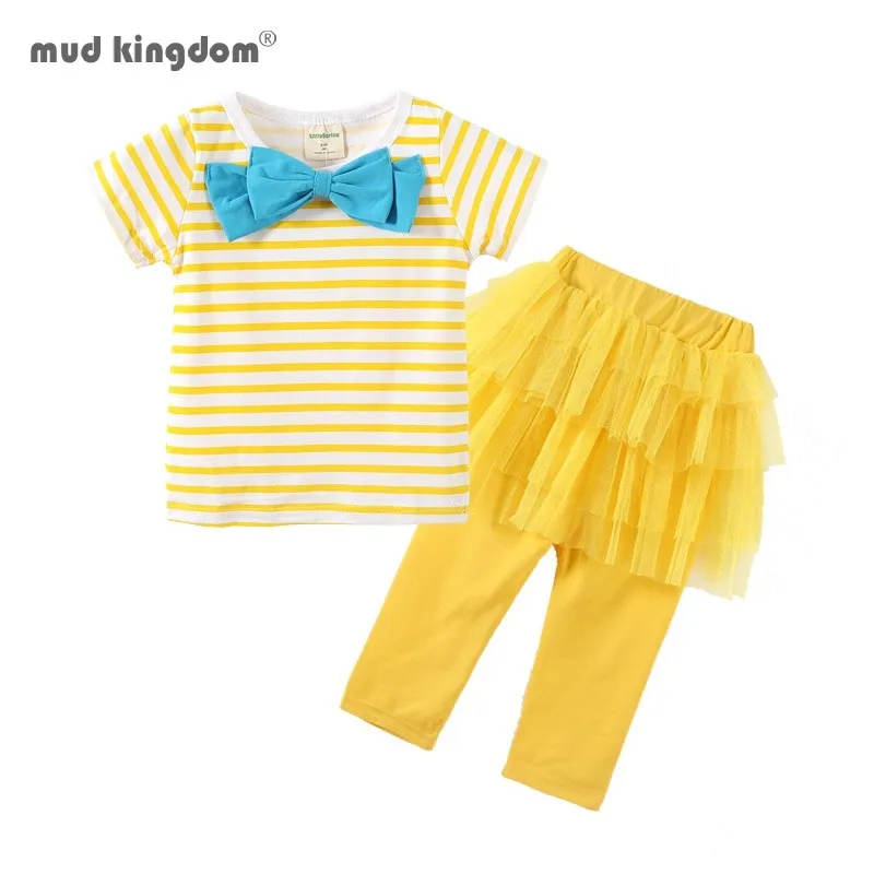 

Mudkingdom Summer Toddler Girls Outfits Stripe Bow T-shirt and Tutu Bermuda Shorts for Baby Girl Clothes Suit Kids Short Set