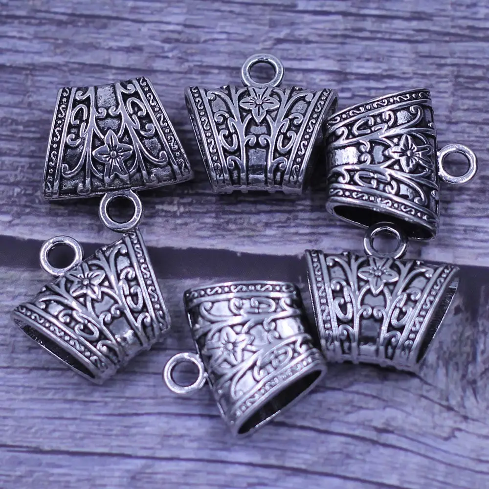 50Pcs Silver Tone Flower Floral Carved Bail Beads For Wrap Scarf Jewelry Finding 23x23mm