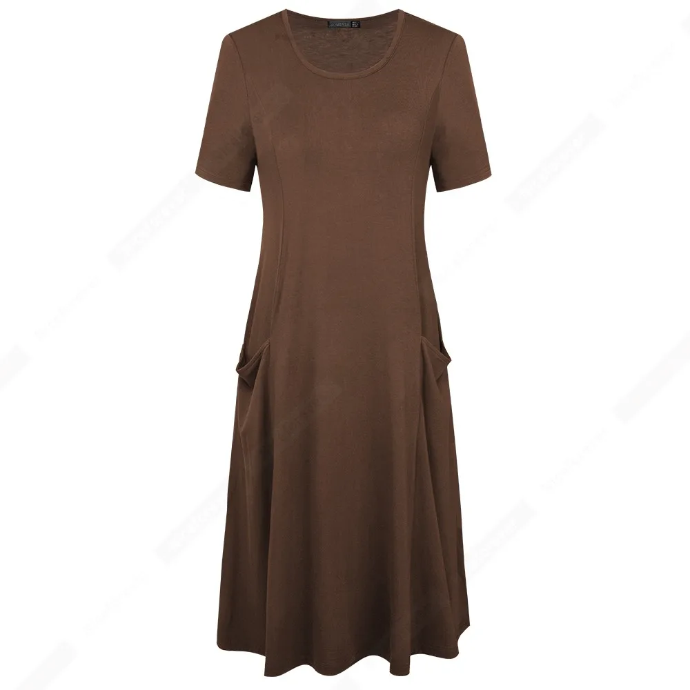 Summer Women Classy Solid Color Dresses Casual Loose Shift Dress with Pockets HT027