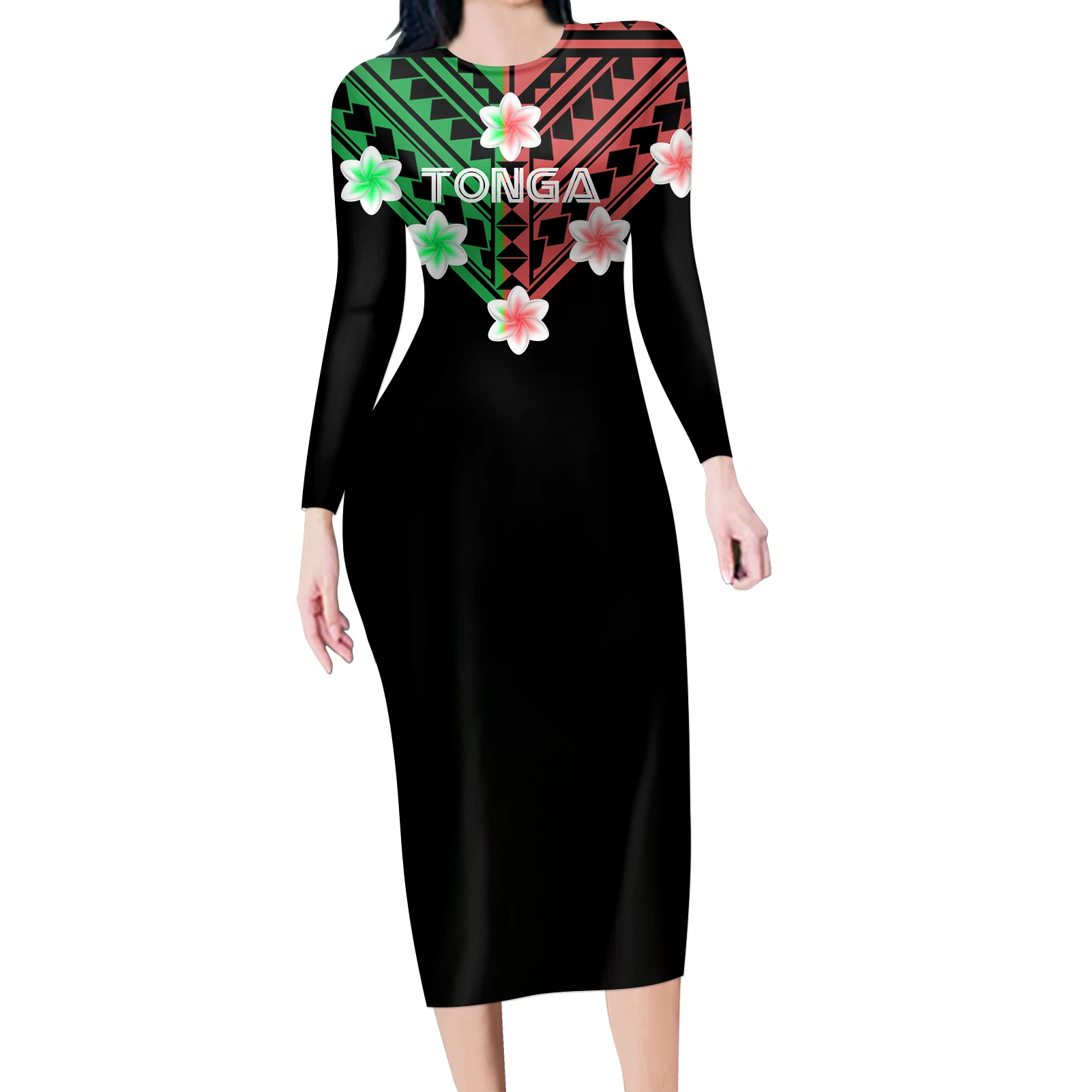 

Hot Selling Ladies Clothing Polynesian Tribe Black Background With Floral Tonga Custom Women's Oversize Long Dress New Arrivals