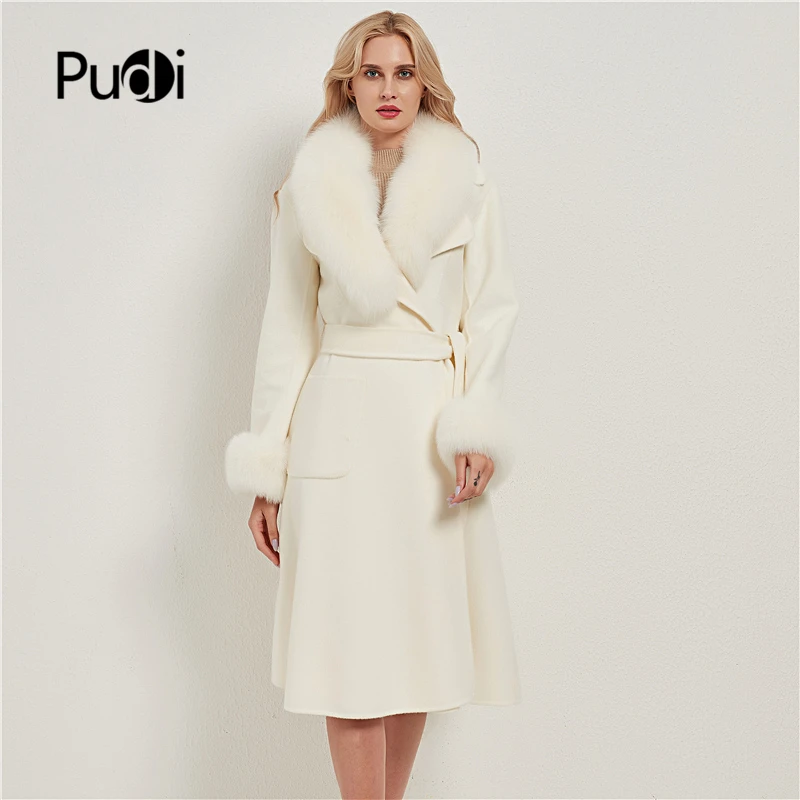 

Pudi Women Real Fox Fur Coat Jacket Female Lady Wool Blends Coats Jackets Long Trench With Fox Collar Cuff CT032