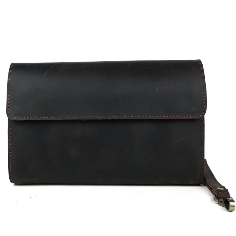 Bolso de mano de cuero genuino para hombre, cartera de mano de alta calidad, Estilo Vintage, Crazy Horse, grande