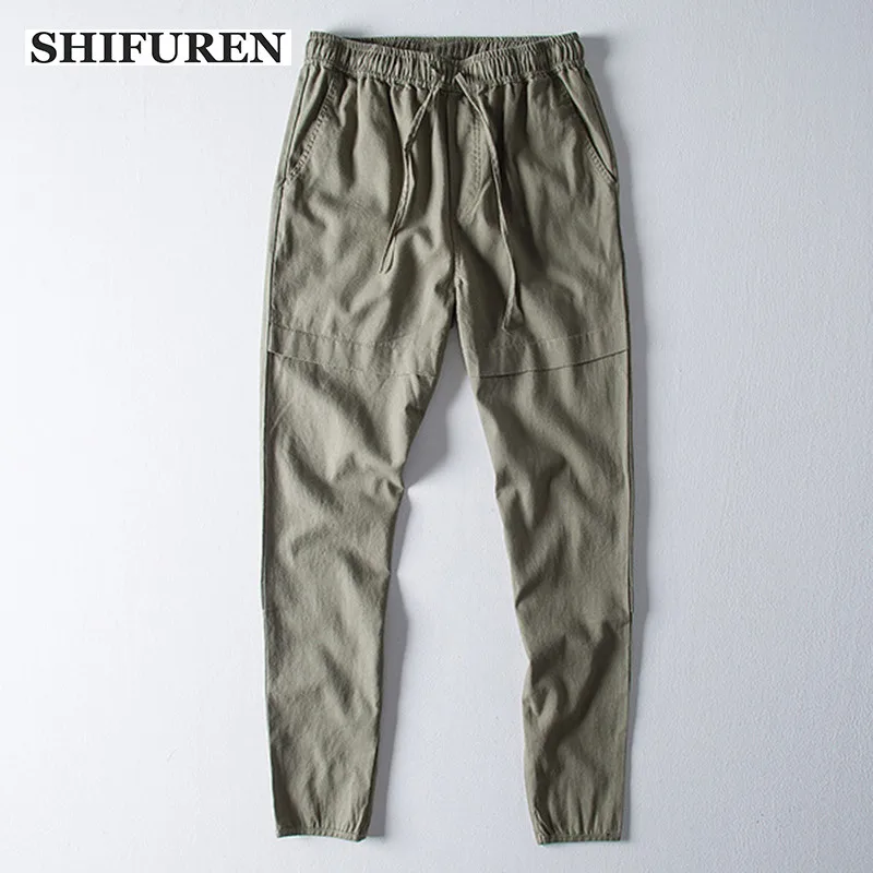 

SHIFUREN Cotton Linen Pants Men Elastic Waistband Soft Breathable Male Causal Trousers Drawstring Ankle-Length Solid Color