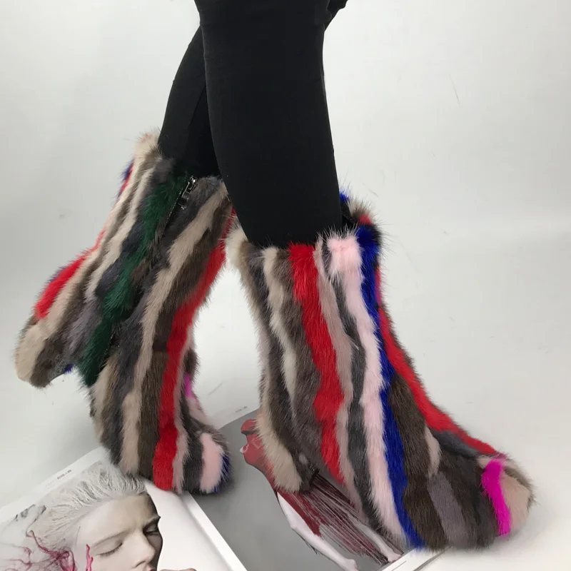 Women Round Toe Real Mink Fur Rainbow Colors Block High Heel Ankle Boots Warm Winter Fleece Liner Side Zip Genuine Leather Shoes