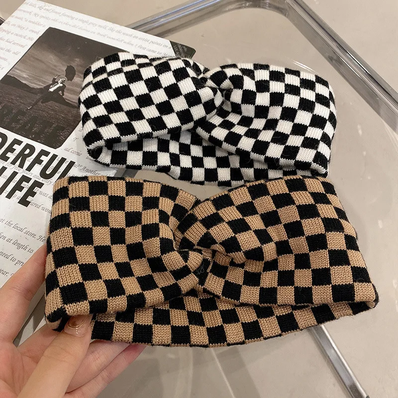 Net Red Matchable Checkerboard Checkerboard Headband Women Daily Wear Tied Hair Headband Simple 2021 New Wash Headwear