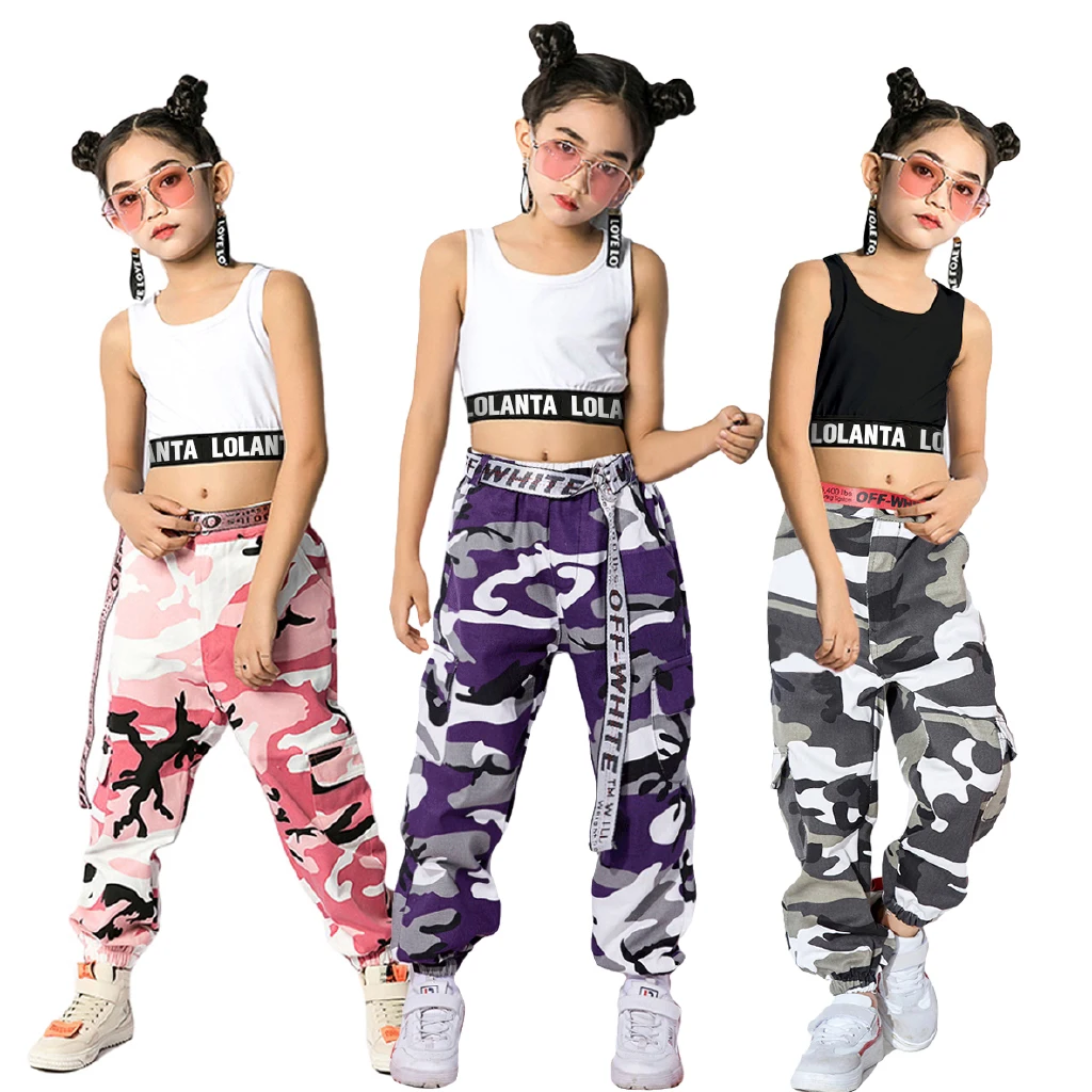 LOLanta Girls Hip Hop Street Dance Solo Clothes Cropped Tank Top/Camouflage Jogger Pants