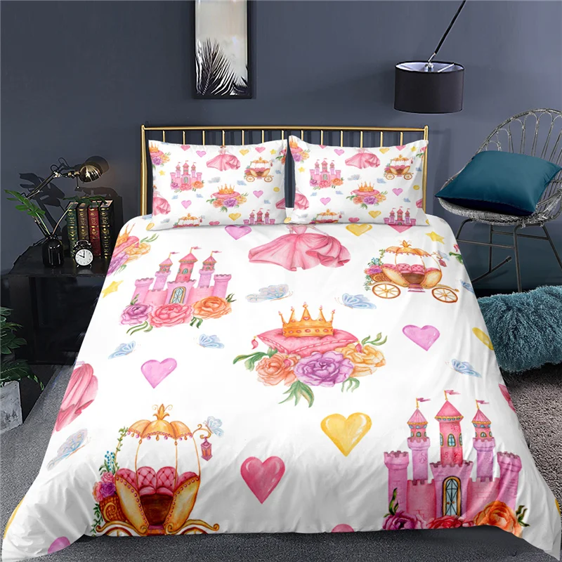 Luxury 3D Cartoon Cute Princess Castle Printed 2/3Pcs Kids Bedding Set Duvet Cover Pillowcase Home Textile Queen and King Size