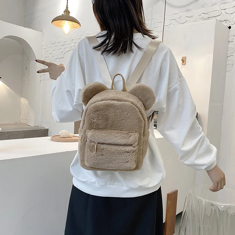 Bear Ears Plush Women Backpack Faux Fur Shoulders Bag Cute Furry Women Bag Mini Girl Backpacks NEW Winter Bags For Women 2020