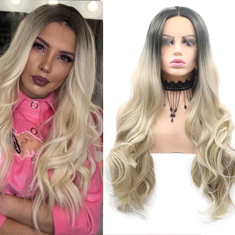 Cosplay Frontal Honey Ash Dark Roots Blonde Ombre Synthetic Lace Front Wig With Light Curly Body Water Wave Wigs For Black Women