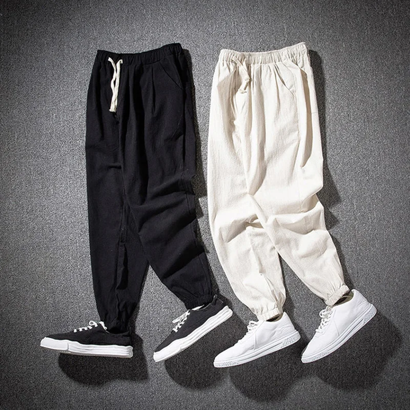 

Spring Autumn Youth Cotton Casual Pants Daily Wear Elastic Band Trouser Opening Design Trend Loose Solid Color Men's Trousers
