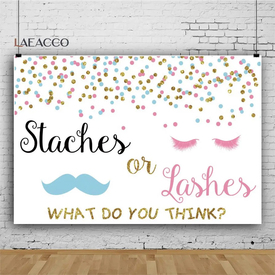 

Newborn Gender Reveal Photography Backdrop Staches or Lashes Blue Pink Glitter Dots Baby Shower Photography Background Banner