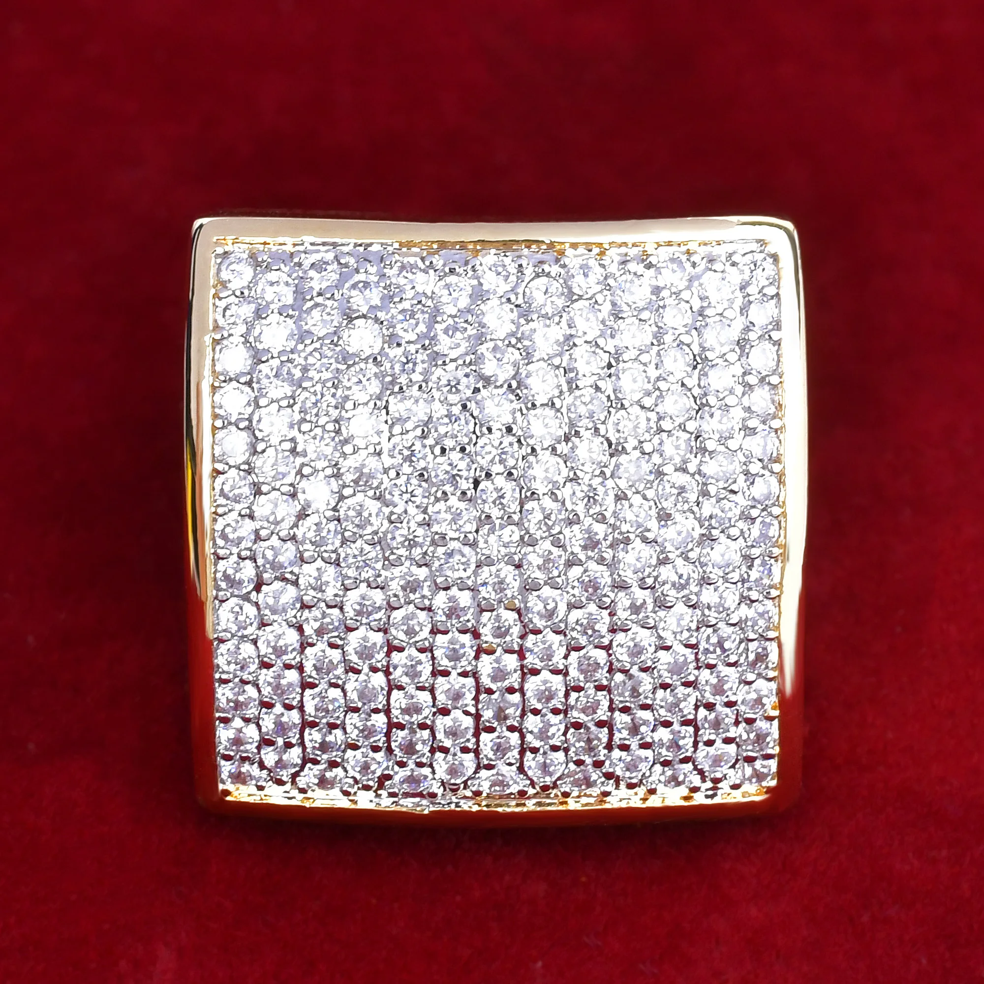 Bling Men\'s AAA+Zircon Ring Gold Color Copper Material Iced Out Full CZ Square Fashion Hip Hop Jewelry Size 7-12