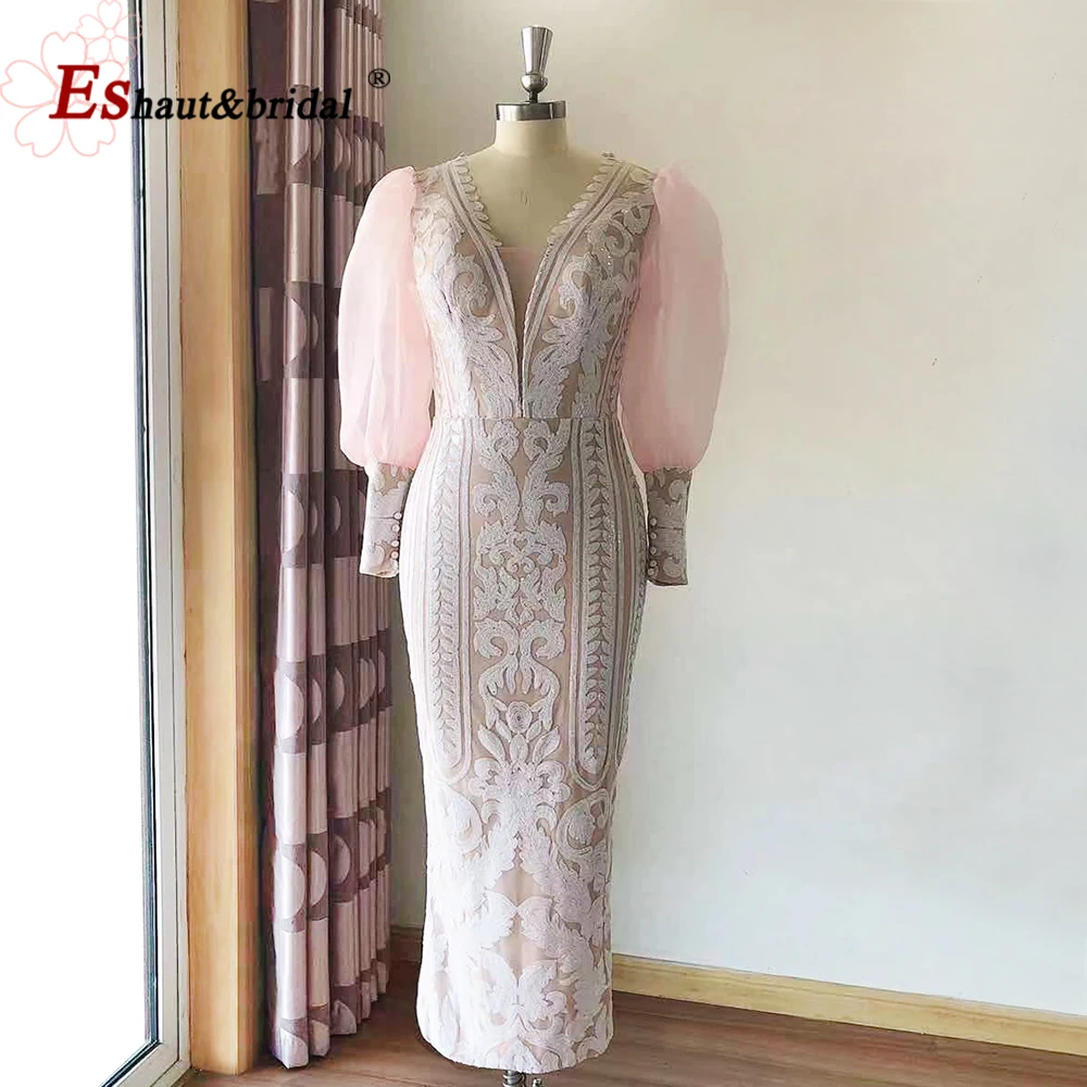 Vestidos de Noche elegantes de manga larga con lentejuelas para mujer, vestido Formal de lujo hasta el té con cuello en V para fiesta de graduación y boda, personalizado, 2024