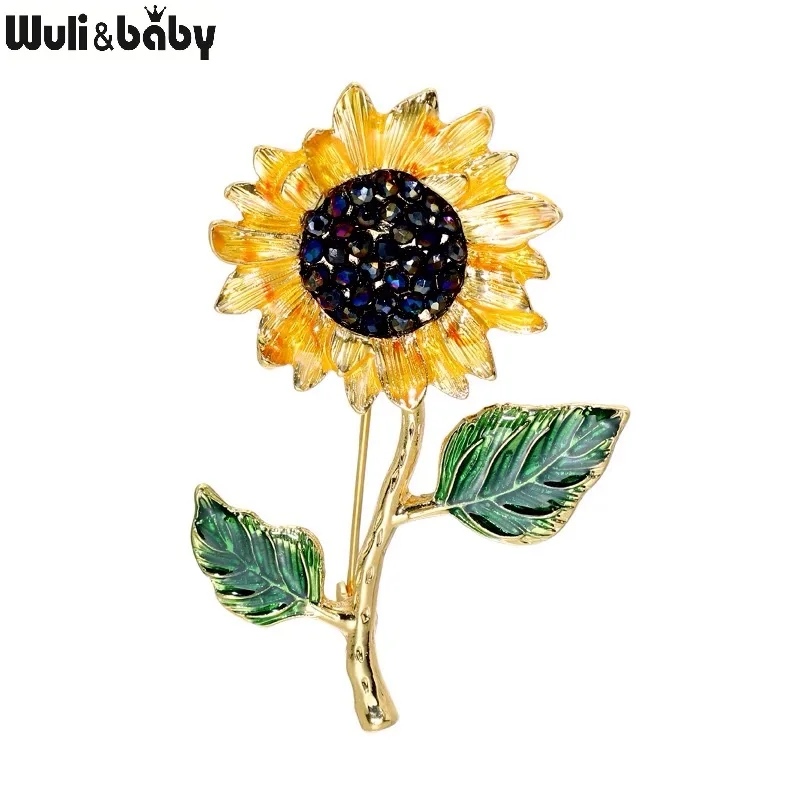 Wuli&baby Enamel Sunflower 2 Leaf Brooch Pins For Women Fashion Jewelry 2021New Plant Brooches Gift