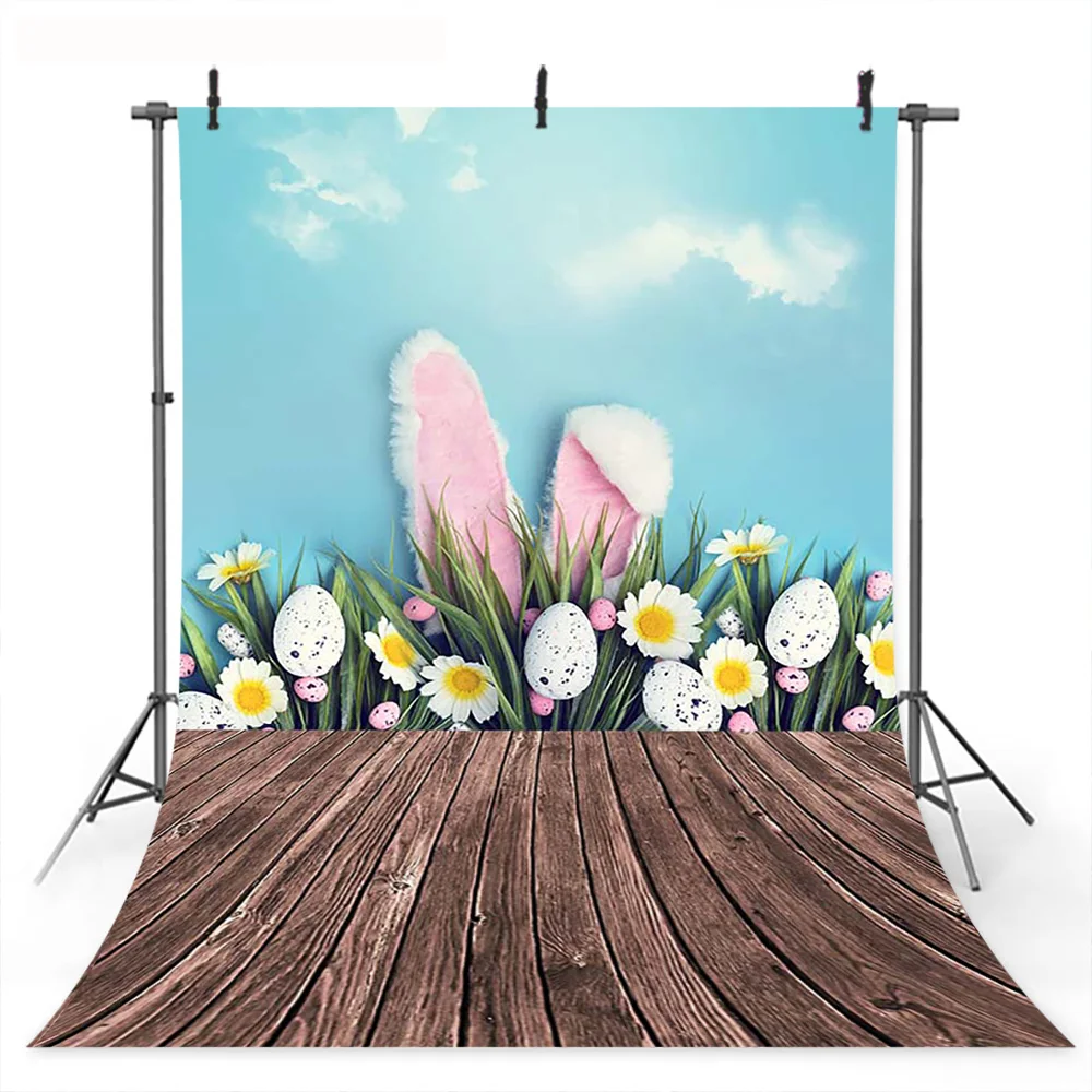 

Rabbit Easter Eggs Backdrop Photocall Spring Blue Sky Easter Photo Background Brown Wood Floor Photography for Photographer