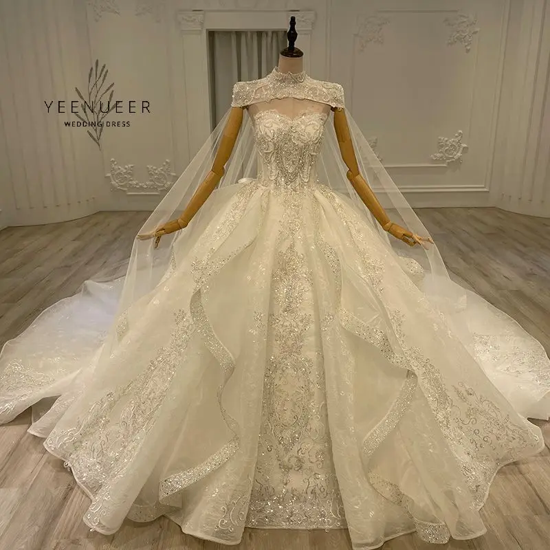 2022 new hot sale Long Train Sequined Lace Wedding dress luxury full beading Bridal Dress Real Work High Quality