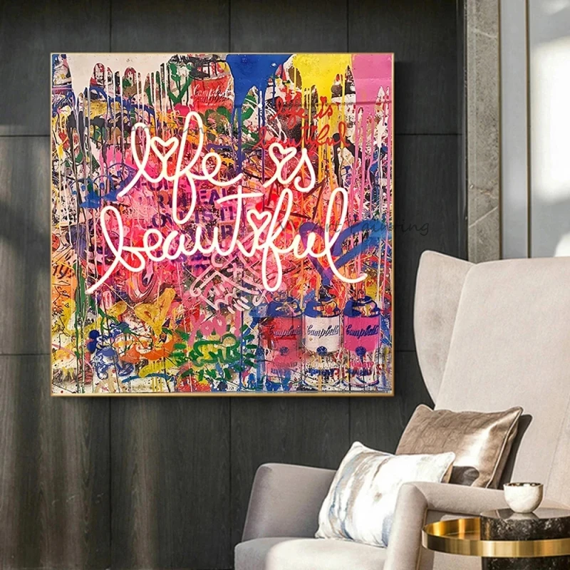 

Still Life Handmade Abstract Graffiti Oil Painting For Living Room Decor Hand-Painted Mural Picuture Life is Beautiful Drawing