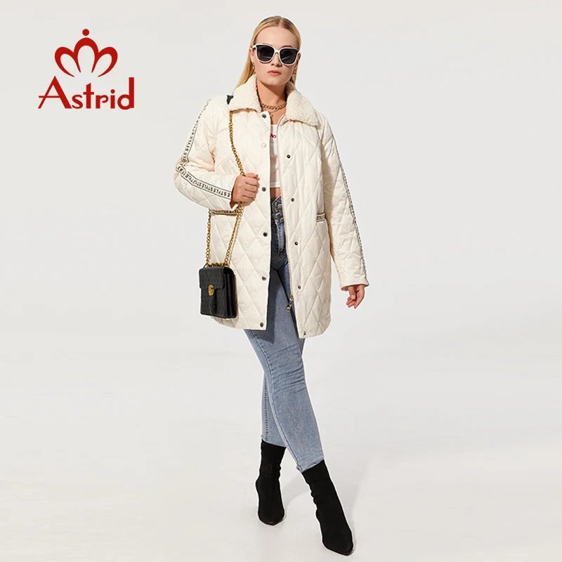 Astrid 2022 New Women\'s Autumn Quilted Jacket with Fur Zipper Letter Print White Long Coat Women Parkas Plus size Outerwear Tops