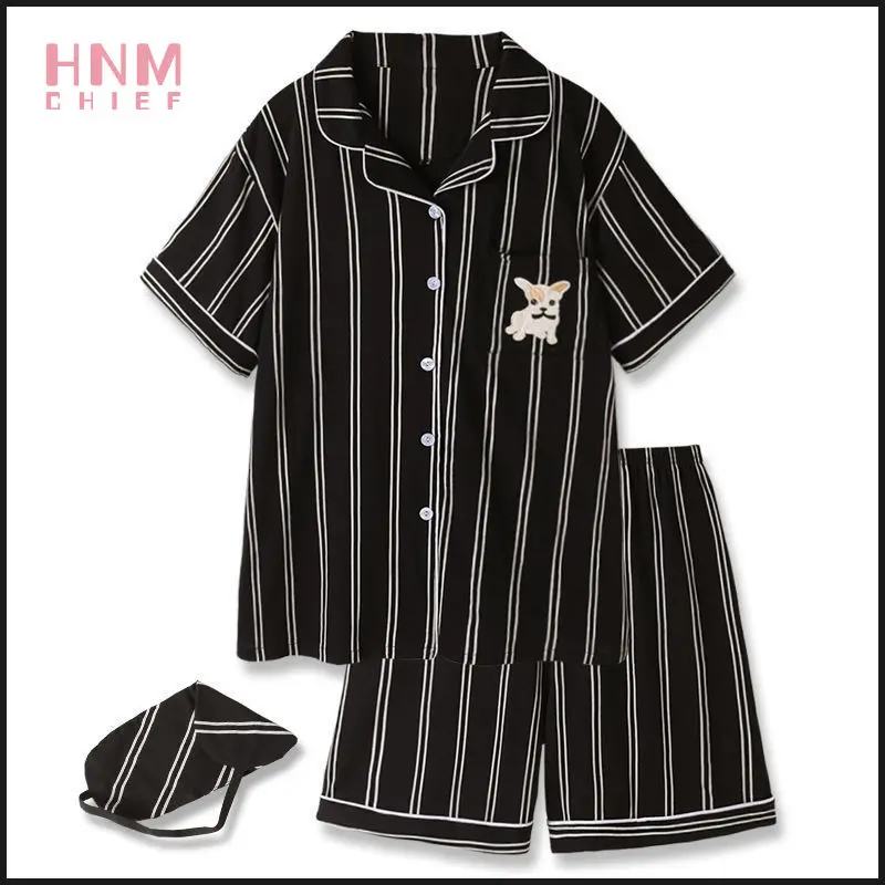 Fashion Black Stripe Print Pajama Sets Comfort Breathable Short Sleeve Sleepwear Couple Daily Nightgown Loose Casual Pajamas Set