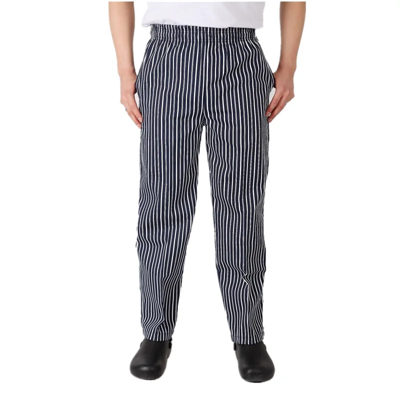 Pantalones de uniforme de Chef con cintura elástica para hombre, ropa de trabajo de Chef, pantalones a rayas de cocina, disfraz de lujo transpirable, sombreros de moda