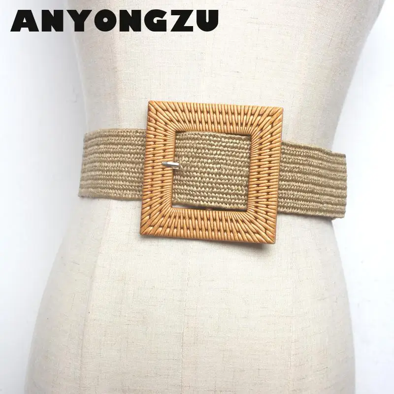 

ANYONGZU Design Women Rope Woven Belt Square Buckle West Wide Waistband Dress Decorative Waist Luxury 93CM*5CM Plain coloured