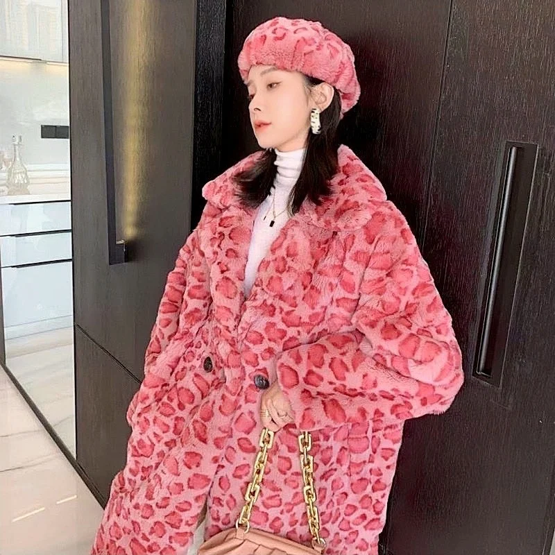 2022 novas mulheres de inverno real rex coelho casacos de pele fora da temporada moda longo leopardo casaco simples quente senhoras outerwear rua