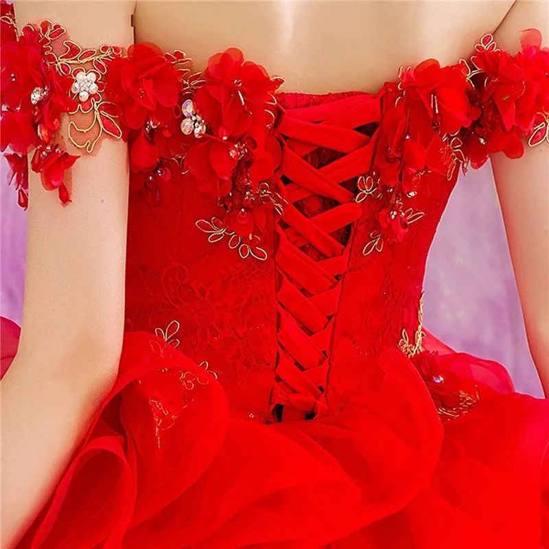 Vendita calda Rosso Principessa Al Largo Della Spalla Abito di Sfera Abiti Stile Quinceanera Appliques In Rilievo Fiori Dolce 16 abiti Abiti De 15 Años