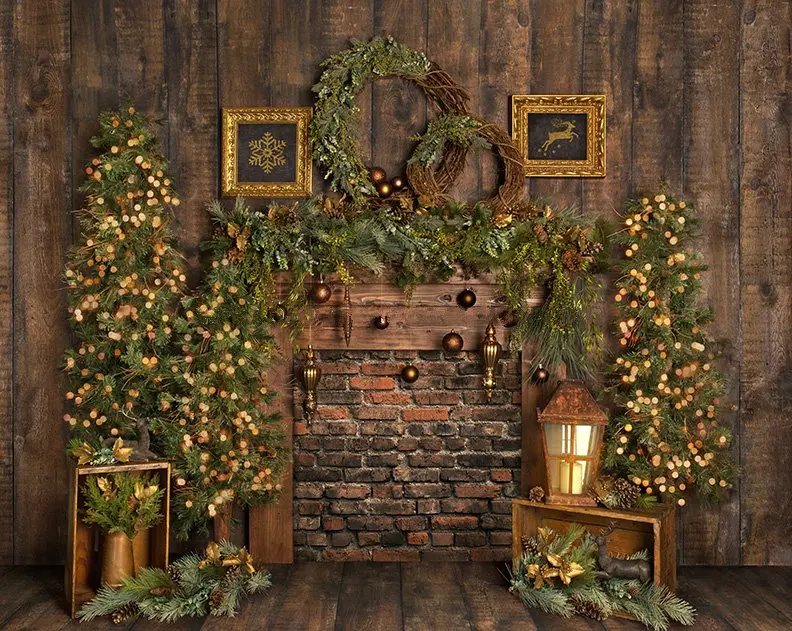 Garland Brick Fireplace Tree Brown Rustic Wood Light Ball backdrop High quality Computer print christmas backgrounds